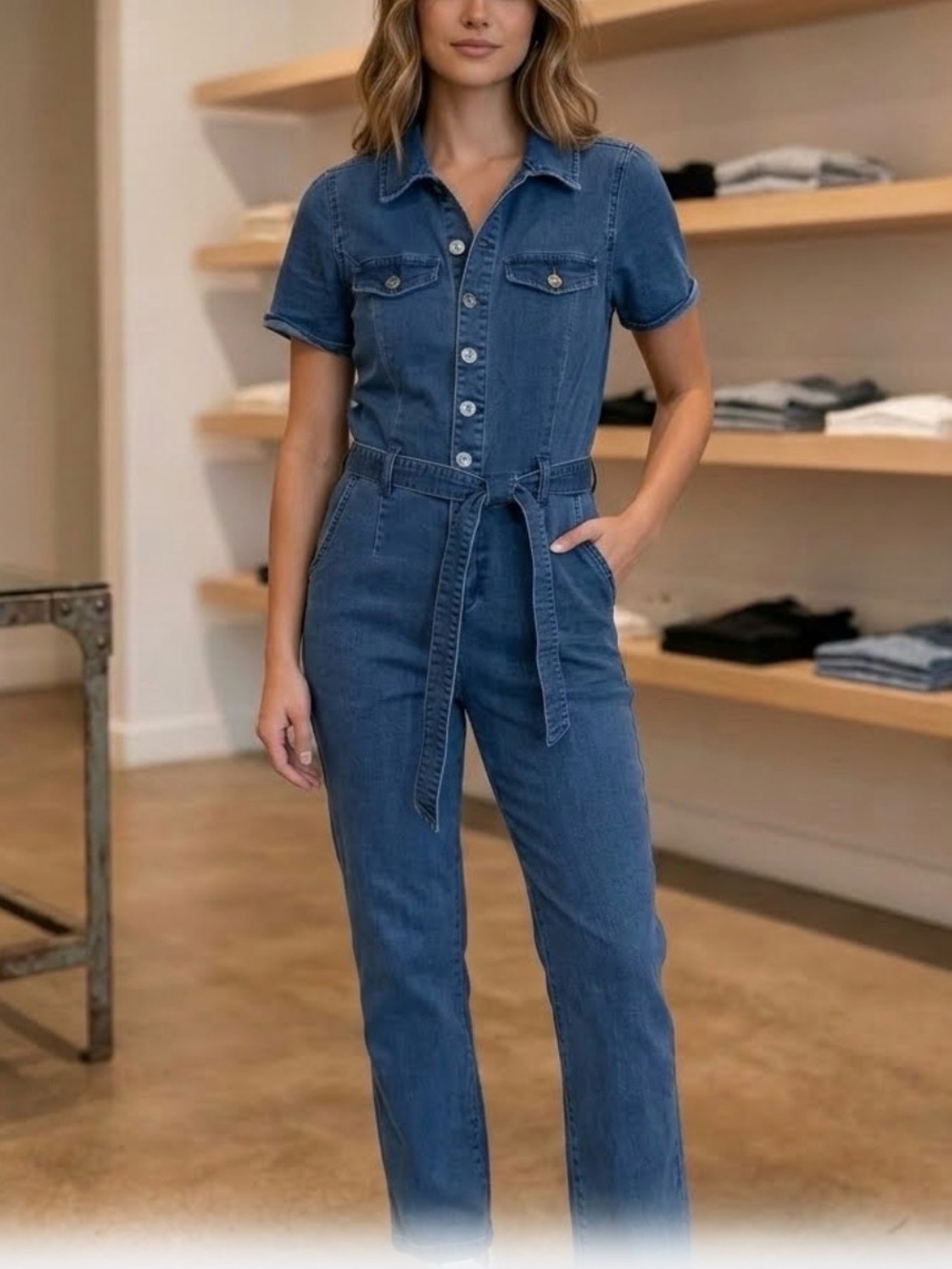 7th & Hudson Denim Jumpsuit Short Sleeve with Belt - Size M 0458